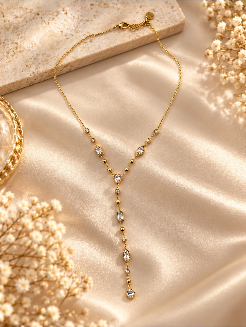 Gold Y Drop Bracelet Necklace with Clear Stones